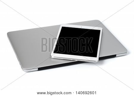 Laptop and tablet on white background isolated