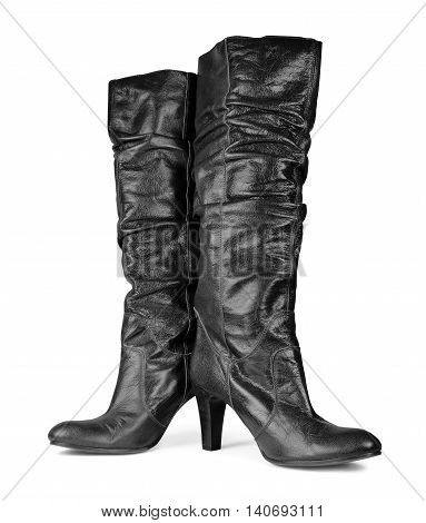 Black leather high heels, womes shoes on white.