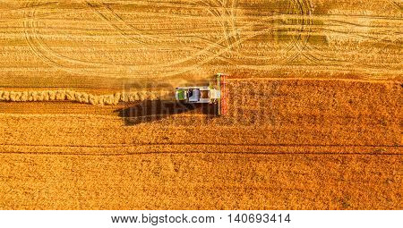 Harvester machine working in field . Combine harvester agriculture machine harvesting golden ripe wheat field. Agriculture. Aerial view. From above.