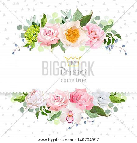 Stylish mix of flowers horizontal vector design frame. Green hydrangea wild rose camellia orchid peony carnation eucaliptus leaf wildflowers. All elements are isolated and editable.