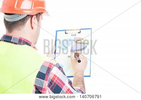 Back View Of Male Constructor With Diagrams