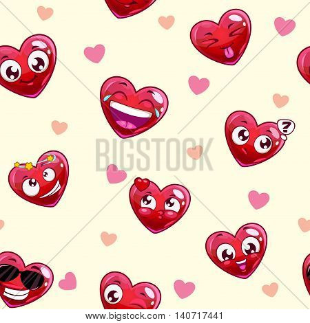 Funny childish vector seamless texture with cute cartoon heart characters on light background. Kids style wallpaper.