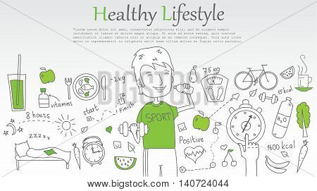Doodle line design of web banner templates with outline icons of Healthy lifestyle.Healthy lifestyle concept for website or infographics.