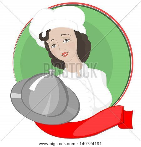 Girl chef serves on the background of the green circle and a red tape