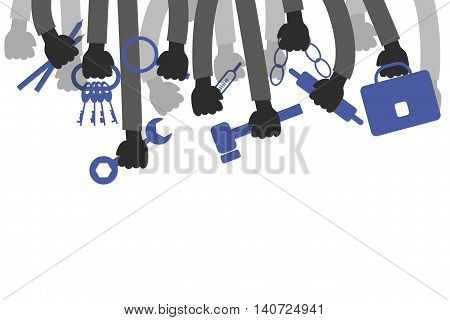 Hands holding the working tools a magnifying glass hammer thermometer bag wrench on a white background labor day