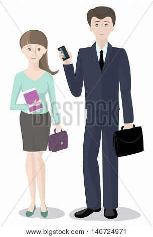 Man and woman standing with documents office staff