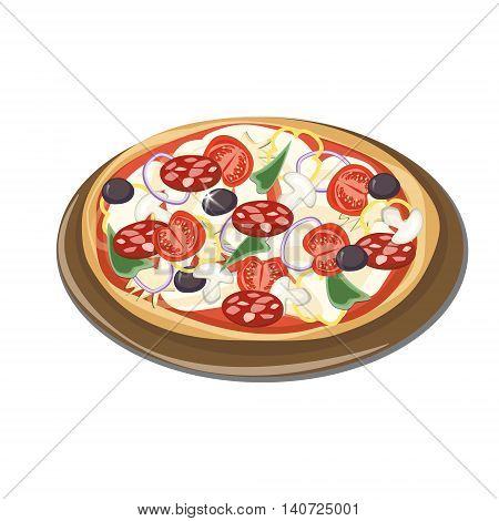 Italian pizza on a tray sausage tomatoes mushrooms onions peppers olives white background