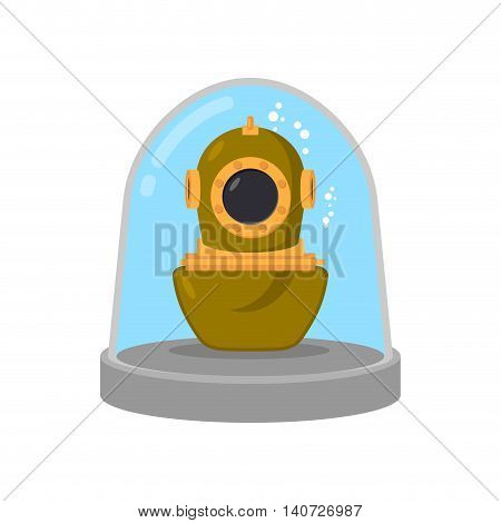 Ancient Diving Suit In Glass Bell. Underwater Suit In Laboratory Flask. Study Research Relics
