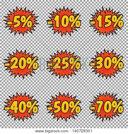 Set of nine discount labels. Pop art, comic books style. Vector, isolated, eps 10