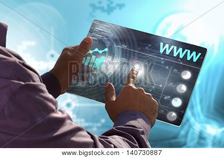 Business, Technology, Internet And Network Concept. Young Business Man, Working On The Tablet Of The