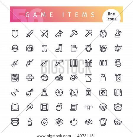 Set of 56 game items line icons suitable for gui, inventory, resurses in apps. Isolated on white background. Clipping paths included.