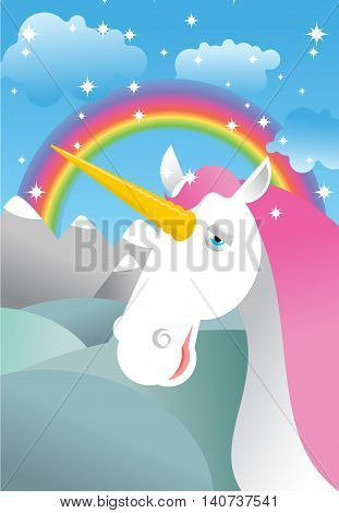 Unicorn On Landscape. Rainbow, Fields And Meadows. Clouds And Sky. Magic Animal In Nature