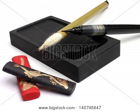 calligraphic brush on white background - Traditional Japanese art tools