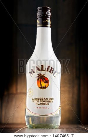 POZNAN POLAND - JULY 27 2016: Malibu Rum is a flavored rum-based liqueur made with natural coconut extract produced by West Indies Rum Distillery Ltd. on Barbados