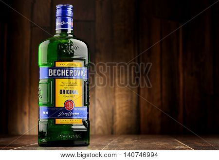 POZNAN POLAND - JULY 27 2016: Becherovka often used as a digestive aid is a an herbal bitters produced in Karlovy Vary Czech Rep. by the Jan Becher company. Owned by Pernod Ricard.