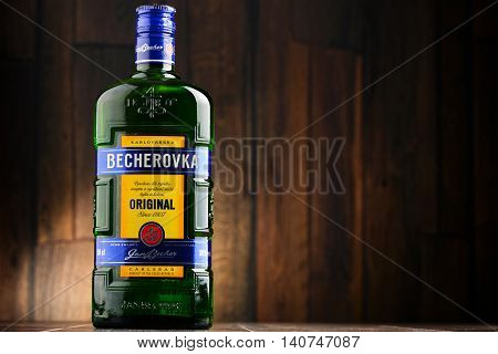 POZNAN POLAND - JULY 27 2016: Becherovka often used as a digestive aid is a an herbal bitters produced in Karlovy Vary Czech Rep. by the Jan Becher company. Owned by Pernod Ricard.