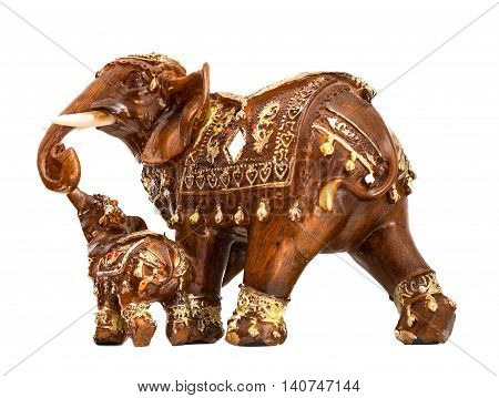 Carved Thai elephant made from wood on white background Family Thai elephat isolate.