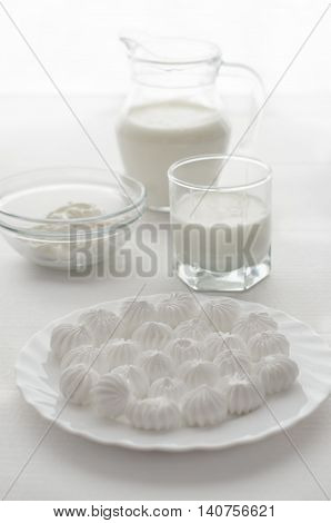 Breakfast Milk yogurt biscuits cheese on a light background