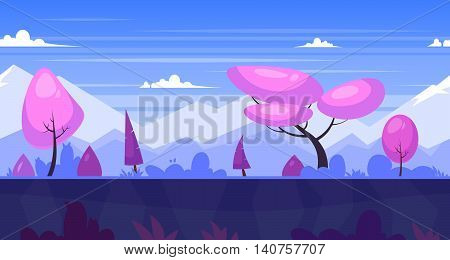 Seamless background for games apps or mobile development. Cartoon nature landscape with forest and mountains. Vector illustration for design graphics print or book . Stock illustration.