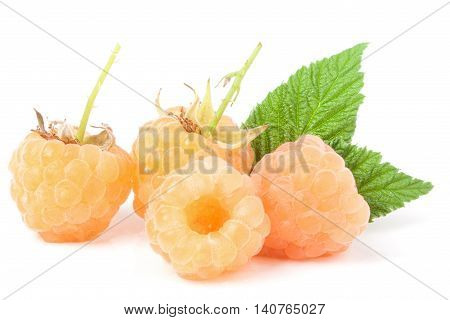 yellow raspberries with leaf isolated on white background macro.