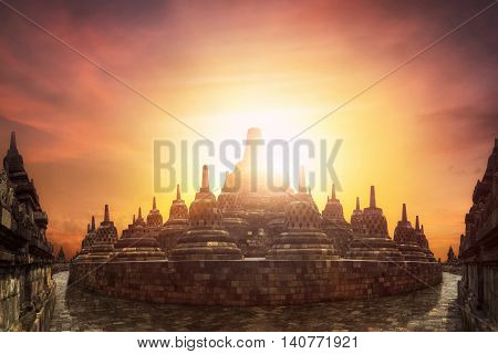 Sunset At Borobudur Temple. Java,  Indonesia