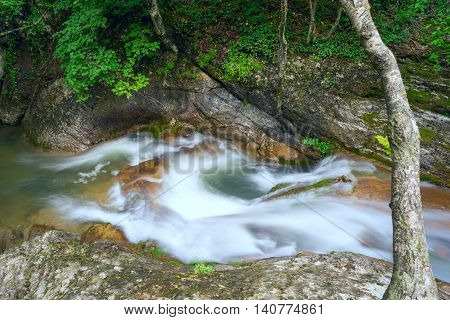 Dzhur-Dzhur waterfall on the river East Ulu-Uzen in the gorge haphal, Crimea, Russia.