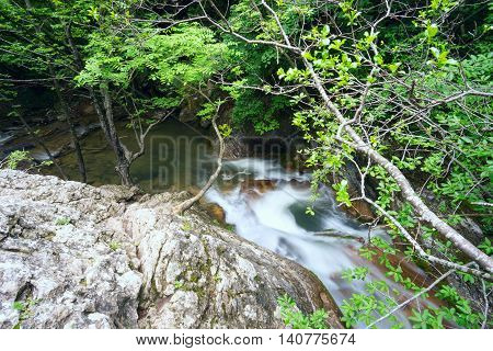 Dzhur-Dzhur waterfall on the river East Ulu-Uzen in the gorge haphal, Crimea, Russia.