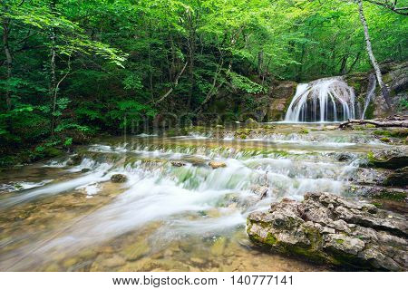 Dzhur-Dzhur waterfall on the river East Ulu-Uzen in the gorge haphal, Crimea, Russia.