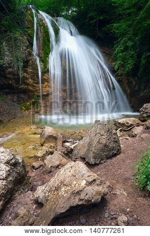Dzhur-Dzhur waterfall on the river East Ulu-Uzen in the gorge haphal, Crimea, Russia.