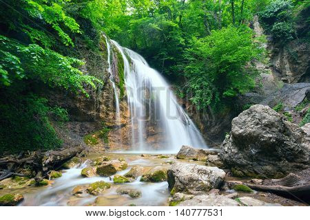 Dzhur-Dzhur waterfall on the river East Ulu-Uzen in the gorge haphal, Crimea, Russia.