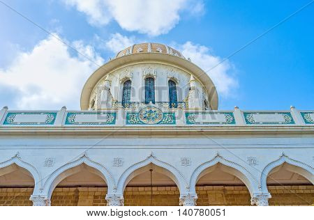 HAIFA ISRAEL - FEBRUARY 20 2016: The facade of the Shrine of Bab founder of Bahi Faith on February 20 in Haifa.