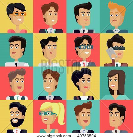 Set of peoples faces vector in flat style. Collection of business characters heads on different colors background. Illustrations for corporate avatars, app icons, infographics, logotype design.