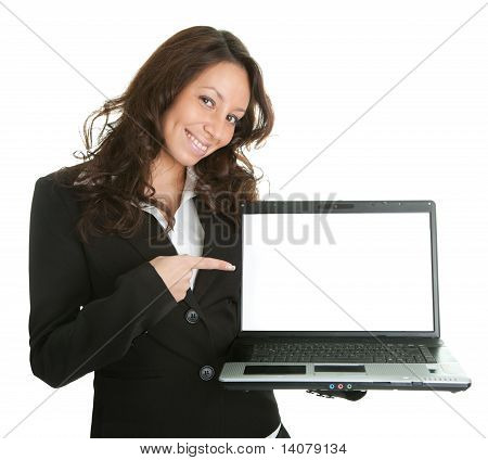 Mujer de negocios que presenta laptopn