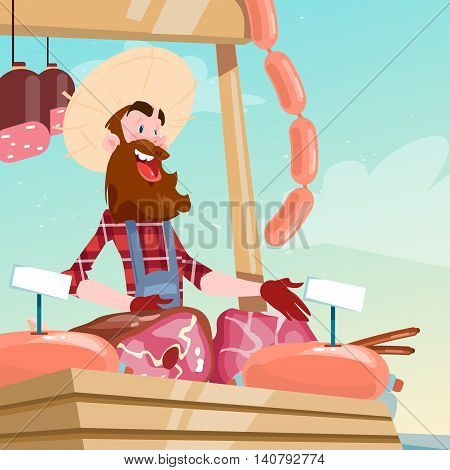 Farmer Sell Pork Meat Products On Eco Farm Organic Market Flat Vector Illustration