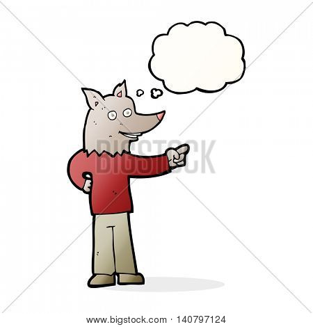 cartoon wolf man pointing with thought bubble