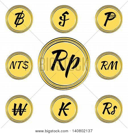 Set of Coins with Symbols of 9 Asian Currencies. Hand Drawn Coins. Vector EPS 10