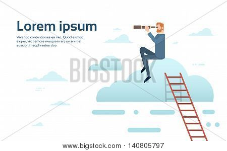 Businessman Sit On Cloud With Binoculars Successful Future Flat Vector Illustration