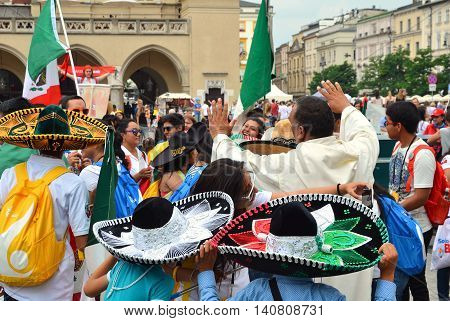 Krakow Poland - JUL 27 2016: World youth day 2016.International Catholic youth Convention. Young people on Main Square in Krakow.