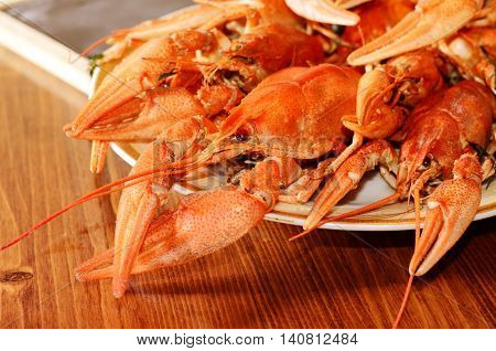 Red Boiled Crawfish on a Plate. Close-up Photo of Snack Food