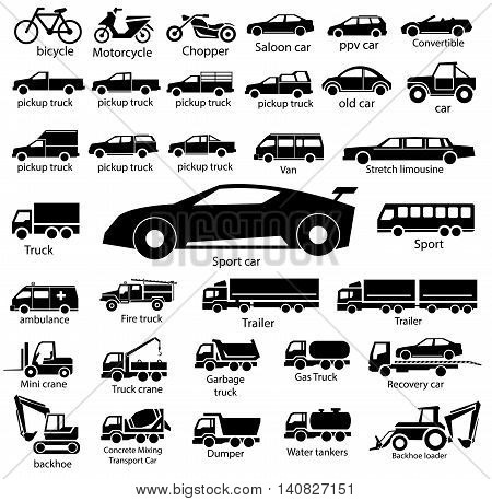 silhouette car icon set vector, transportation illustration