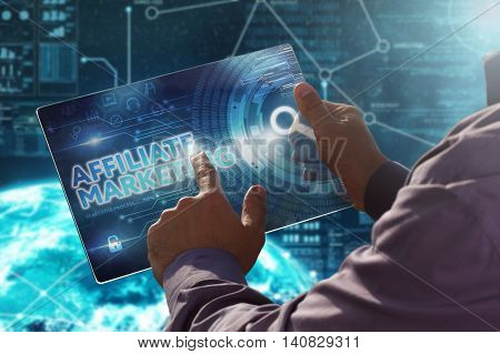 Internet. Business. Technology Concept.businessman Presses A Button Affiliate Marketing On The Virtu