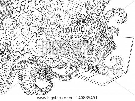 Doodle design of fun line art flowing out of laptop for adult coloring book pages for anti stress - Stock vector