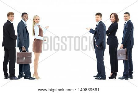 Portrait of happy smiling young business people showing blank ar