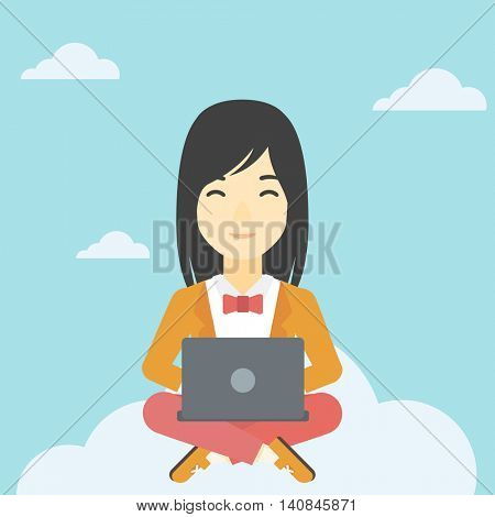 An asian woman  sitting on a cloud with a laptop on her knees. Happy woman using cloud computing technology. Cloud computing concept. Vector flat design illustration. Square layout.
