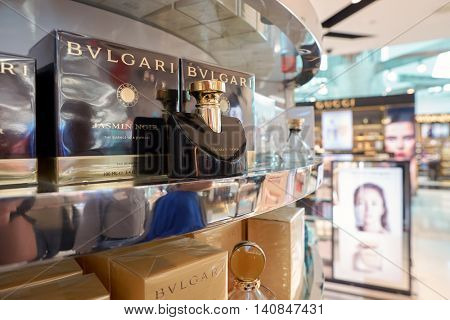 DUBAI, UAE - MAY 13, 2016: close up shot of Bulgari perfume in duty-free at Dubai International Airport. Bulgari is an Italian jewelry and luxury goods brand 