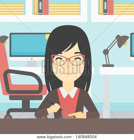 An asian young woman making a model with a 3D pen. Woman drawing geometric shape by 3d pen. Engineer working with a 3 dimensional pen. Vector flat design illustration. Square layout.