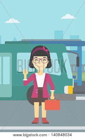 An asian young woman with suitcase standing at the entrance door of a bus on a city background. Young woman waving in front of a bus. Vector flat design illustration. Vertical layout.