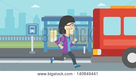 An asian latecomer woman running along the sidewalk to reach a bus. Young woman came too late at bus stop. Woman chasing a bus. Vector flat design illustration. Horizontal  layout.
