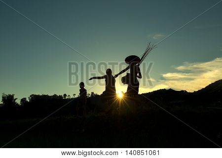 The silhouette of a child fishing in NongkhaiThailand at mekong riverside thai-laos