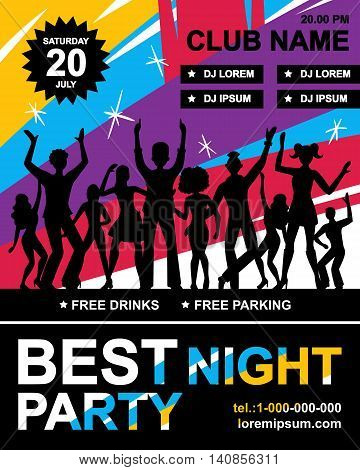 Disco party poster with silhouettes of dancing youth information about party planner telephone and event date vector illustration